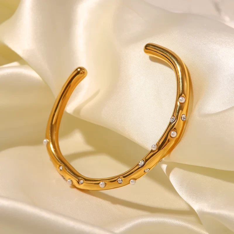 Stainless Steel Pearl Cubic Zirconia Bracelet Geometric Open Cuff Bracelet Minimalist Texture Personalized Jewelry - Image 3