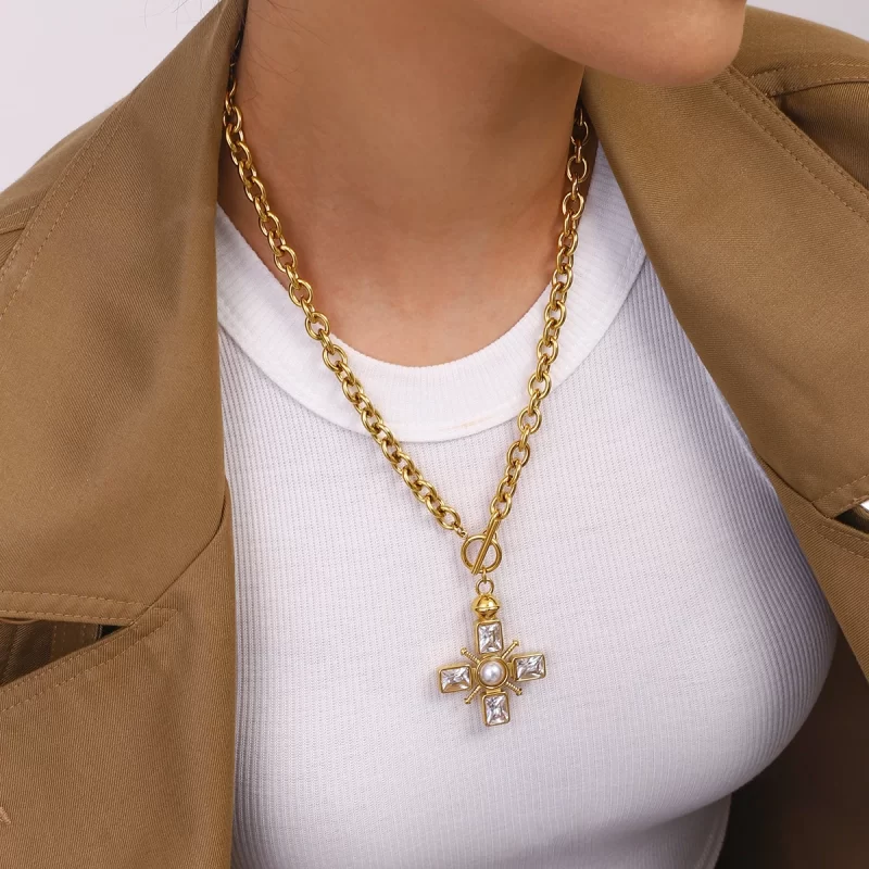 Youthway Specialist Elegant Gold Plated Stainless Steel Rhinestone Imitation Pearl Cross Pendant Necklace Unisex Vintage Jewelry - Image 3