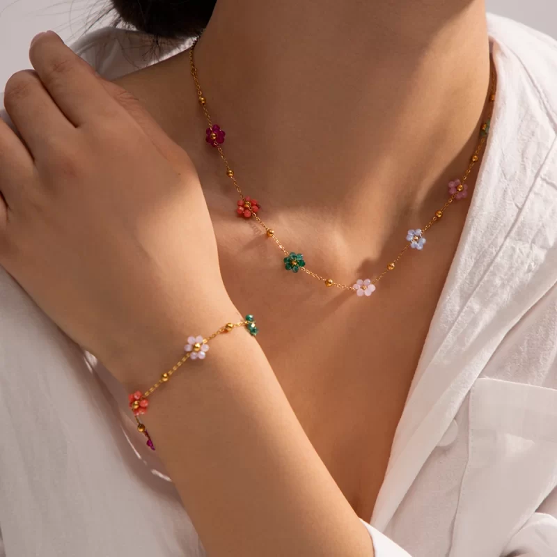 Fashion Trendy Stainless Steel Steel Colorful Floral Chain Bracelet Necklace Set Waterproof Charm Jewelry Set for Women - Image 2