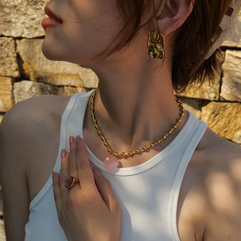 Waterproof 18K Gold Plated Stainless Steel Bead Chain Transparent Quartz Glass Stone Heart Pendant Necklace - Image 5