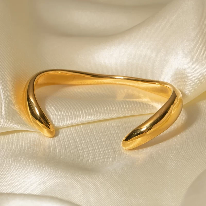 18K Gold Plated Stainless Steel Simple Irregular Wavy Smooth Open Bracelet for Women Elegant Waterproof Jewelry Gift - Image 4
