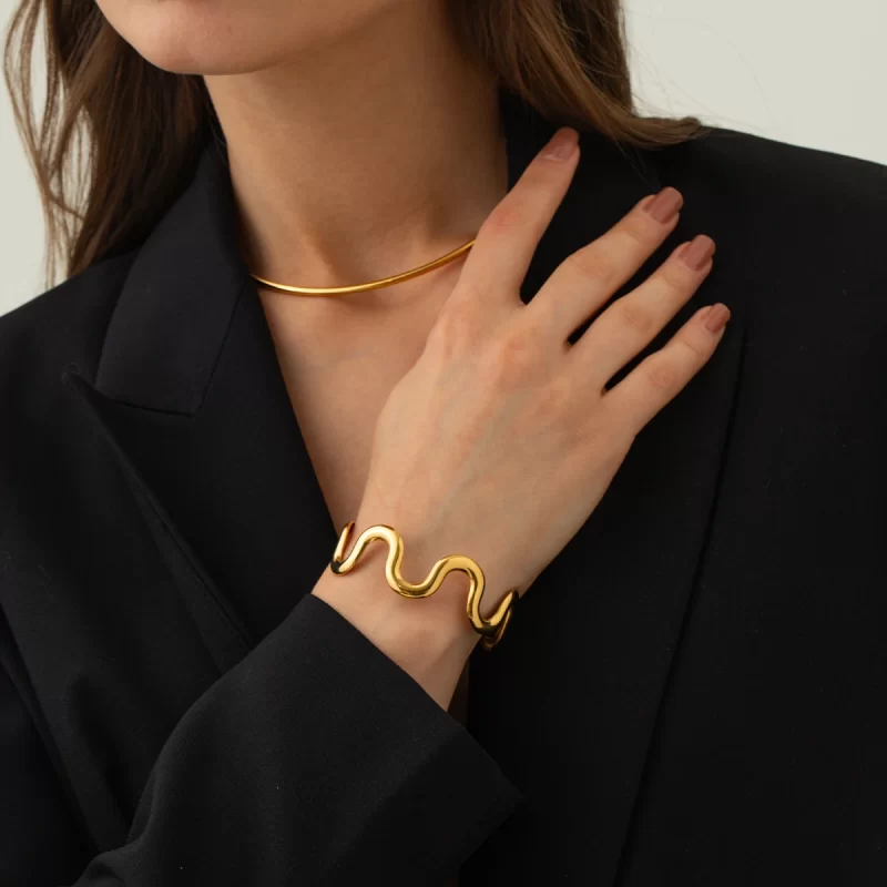 New Wave Choker Bracelet Hoop Earrings Ring Set Women's Stainless Steel Fashion Jewelry PVD Gold Plated Charm Gift - Image 2