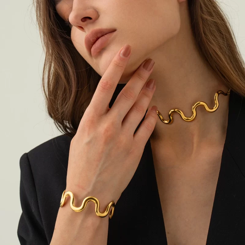 New Wave Choker Bracelet Hoop Earrings Ring Set Women's Stainless Steel Fashion Jewelry PVD Gold Plated Charm Gift - Image 3