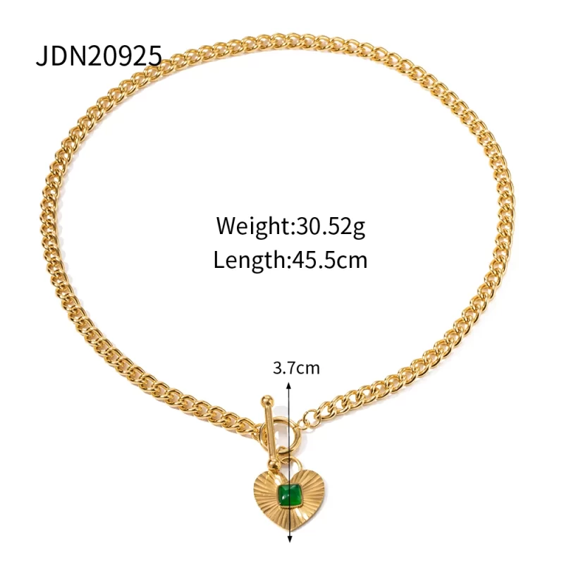 INS Cuban Green Zircon Inlaid 14k Stainless Steel Gold Plated Agate Necklace Jewelry Heart Pendant Necklace - Image 6