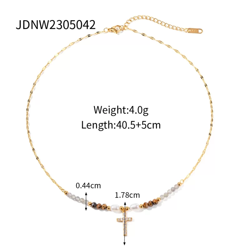 Ins Bohemian 18K Gold Plated Gemstone Fresh Water Pearl Zirconia Cross Beaded Pendant Necklace for Girls - Image 6