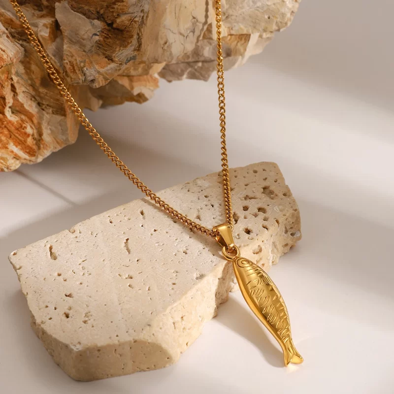 Youthway 18K Gold Stainless Steel Patterned Fish Pendant Necklace For Unisex Fashion Waterproof Anti Allergic Jewelry New 2024