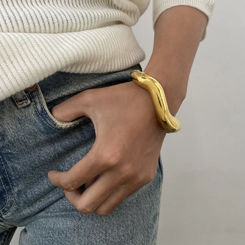 Retro Exaggerated 18k Gold Plated Stainless Steel Irregular Wave Bracelet Bangle For Unisex Fashion Waterproof Jewelry - Image 2
