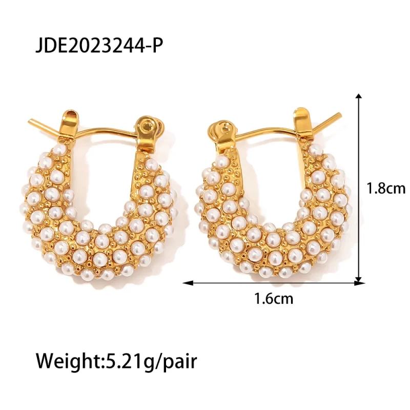18k Gold Plated Stainless Steel Cubic Zirconia Jewelry Classic Hammered Shape Pearl Hoop Earrings for Girls - Image 4