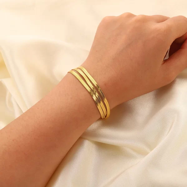 Flat Snake Chain Three Layer Snake Chain Bracelet Stainless Steel 18K Gold Plated PVD Metal texture rust-proof and waterproof - Image 2