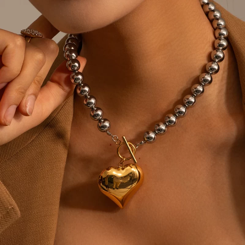 Youthway Glossy Chubby Heart-shaped Round Bead OT Buckle Necklace Unique Design for Women's Fashion Jewelry 2023