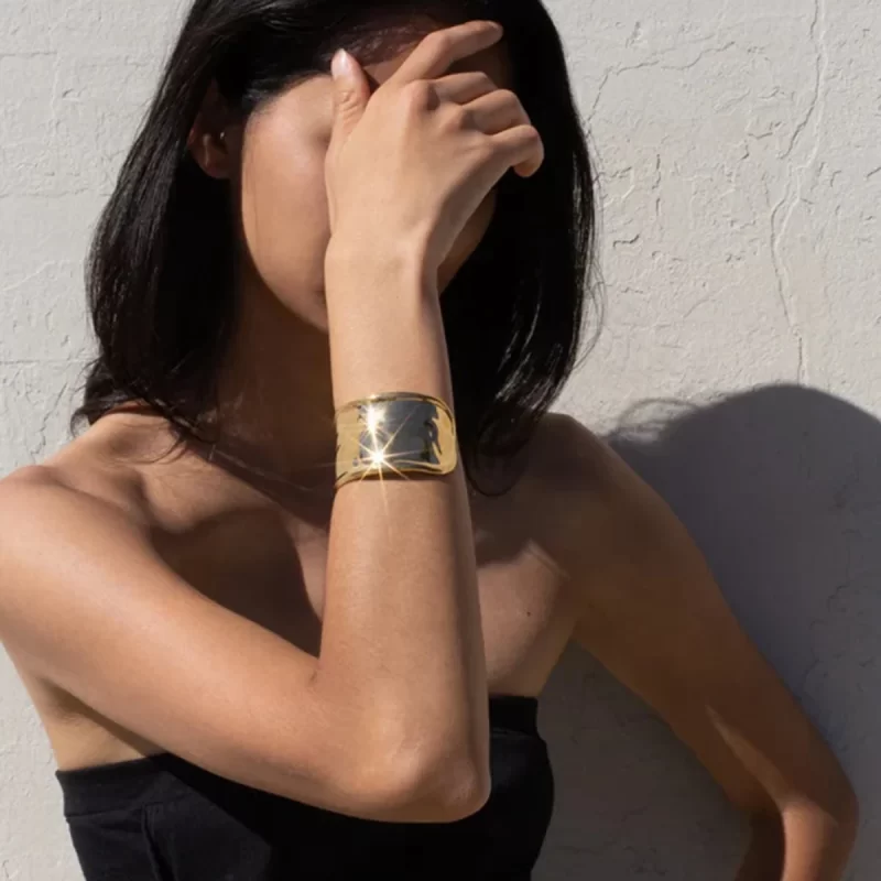 Waterproof Stainless Steel Trendy Wide Hammered Texture Opening Cuff Bracelet 18K Gold Plated Women Daily Jewelry - Image 2
