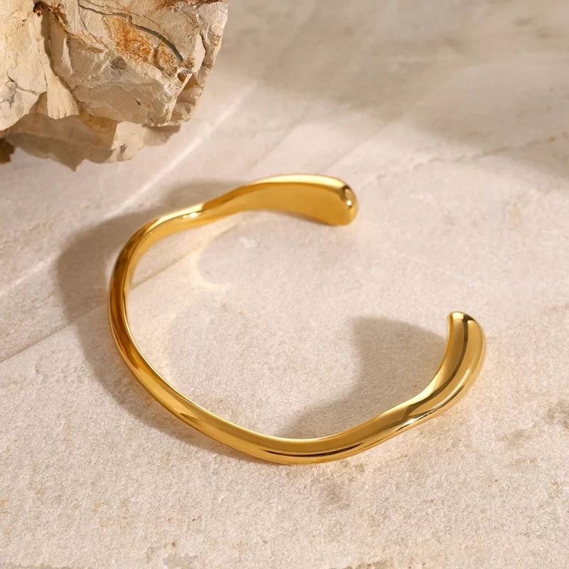 18K Gold Plated Minimalist Open Bangle Bracelets Stainless Steels Metal Irregular Texture Daily Jewelry Women - Image 3