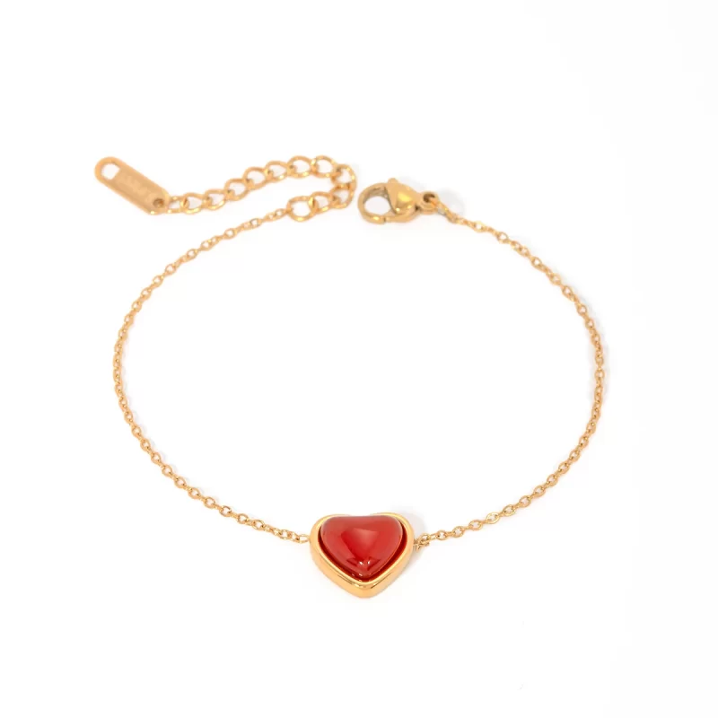 Stainless Steel Inlaid Red Agate Heart Bracelet for Women's Romantic Fashion Jewelry Valentine's Day Gift