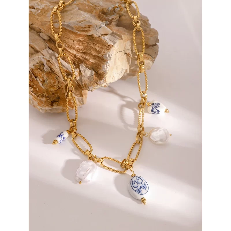 Youthway Stainless Steel Pearl Porcelain bead Pendent Chain Necklace Waterproof 18K Gold-plated Ocean Beach Trendy Jewelry - Image 4
