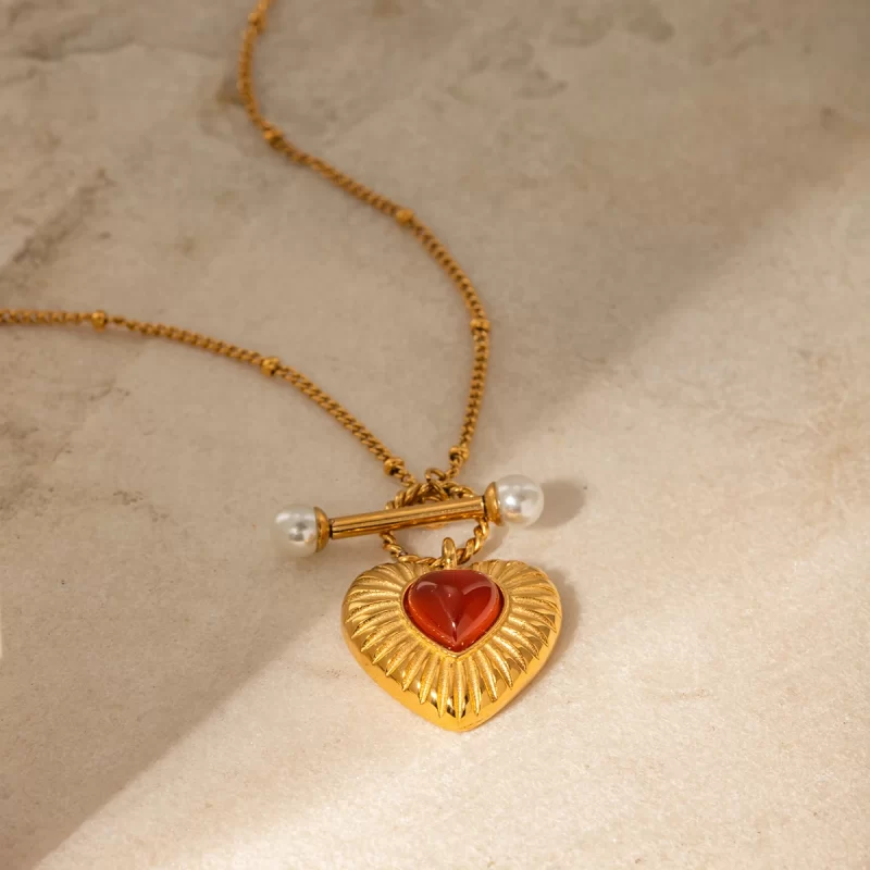 Youtthway Red Agate Heart Stainless Steel Jewelry Sets Gold Plated Necklace Heart Ring And Anti Allergic Earrings Sets For Gifts - Image 2