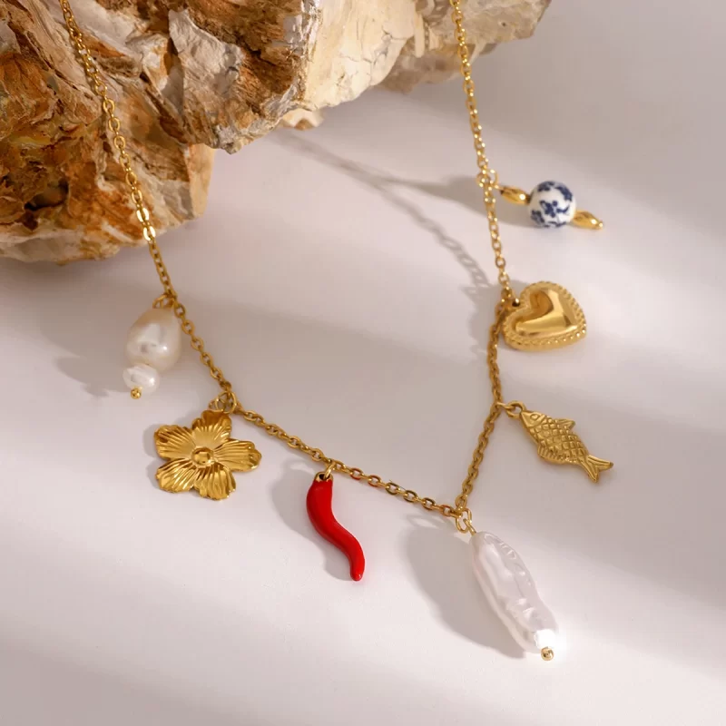 Youthway Stainless Steel Color Preservation Pearl Ceramic Bead Natural Stone Heart Necklace Waterproof Ocean Beach Jewelry Gift