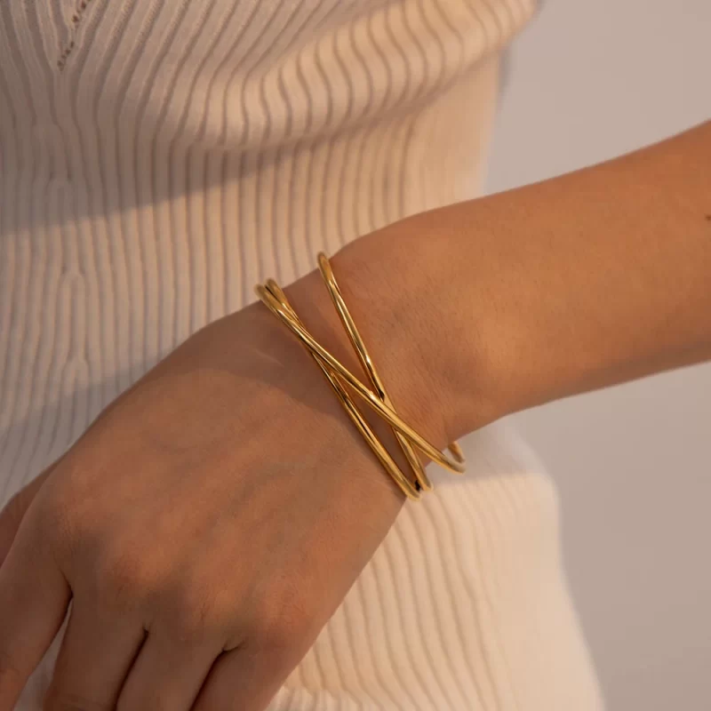 Stainless Steel Metal Line Interlaced Opening Glossy Thin Bracelet 18K Gold Plated Charm Jewelry Gift for Women - Image 3