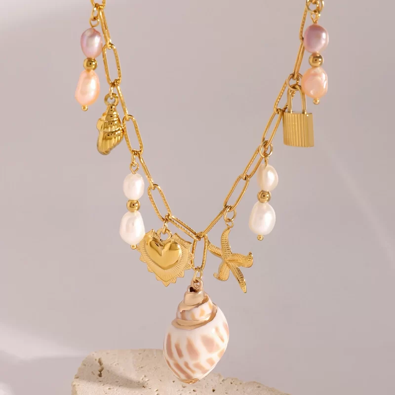 Youthway Conch Freshwater Pearls Starfish Heart Lock Pendant Necklace Stainless Steel 18K Gold-plated Beach Waterproof Jewelry - Image 3