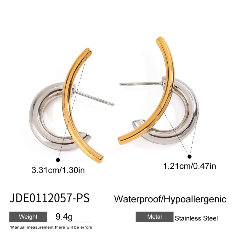 Fashion Modern Minimalist 18K Gold Plated Waterproof Stainless Steel Stud Earrings Two Tone Geometric Liner Design - Image 6