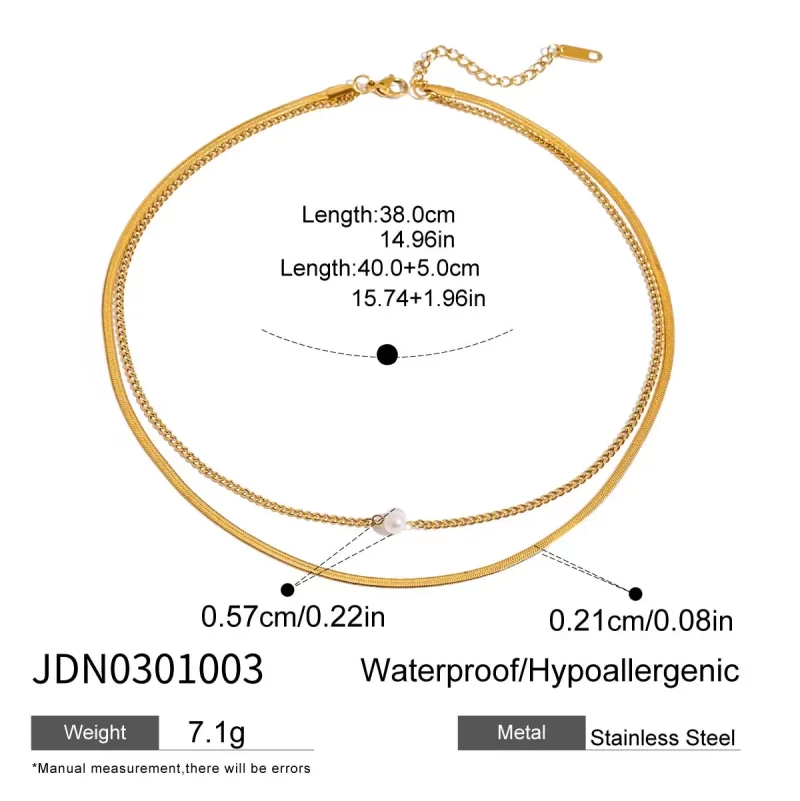 J&D Women 18K Gold Plated Stainless Steel Snake Bone Double Layer Chain Trendy Pearl Link Necklace - Image 6