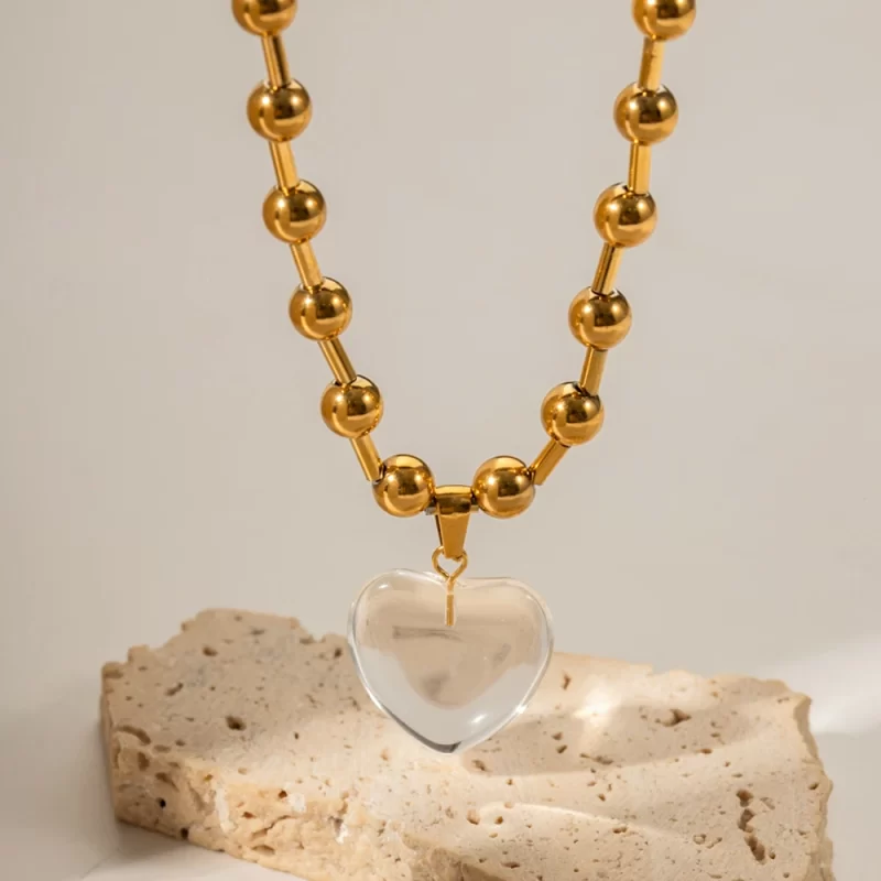 Waterproof 18K Gold Plated Stainless Steel Bead Chain Transparent Quartz Glass Stone Heart Pendant Necklace - Image 2