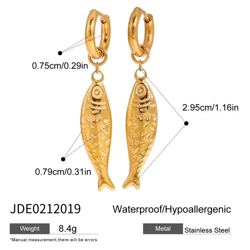 18K Gold Plated Stainless Steel Hoop Earrings Ocean Fish Drop Design Waterproof Geometric Pattern for Holiday Beach - Image 6