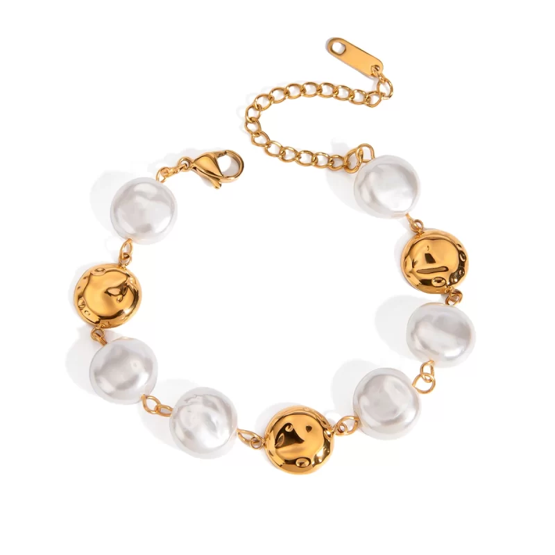 Unique Retro 18K Gold Plated Stainless Steel Irregular Circle Imitation Pearl Bracelet Anti Allergic Women Jewelry 2024