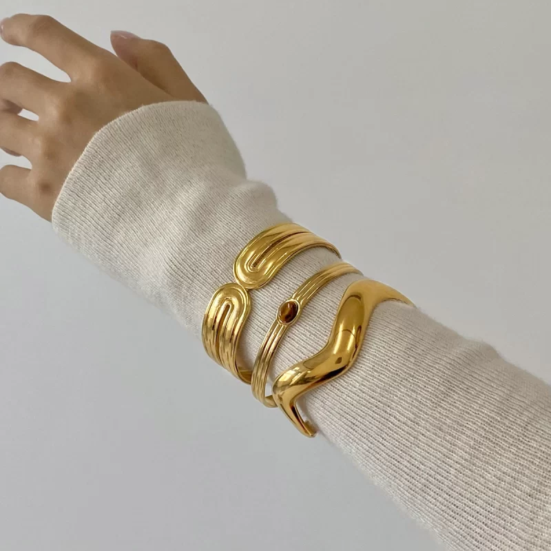 Geometric Wave Stainless Steel Cuff Bracelet Bangle Minimalist Waterproof Metal Wrist Brand Unusual Jewelry For Women - Image 2