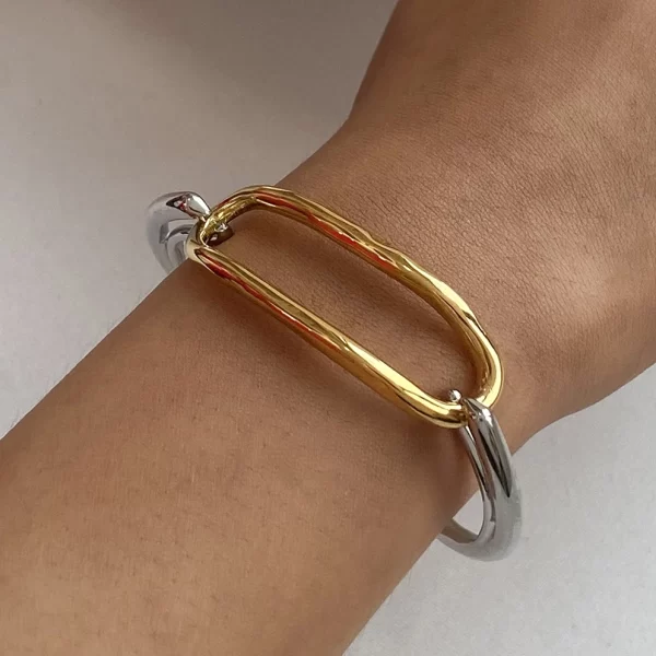 18K Gold Stainless Steel Gold&Silver Geometric Oval Hollow Bracelet Bangle For Unisex Trendy Anti Allergic Jewelry - Image 2