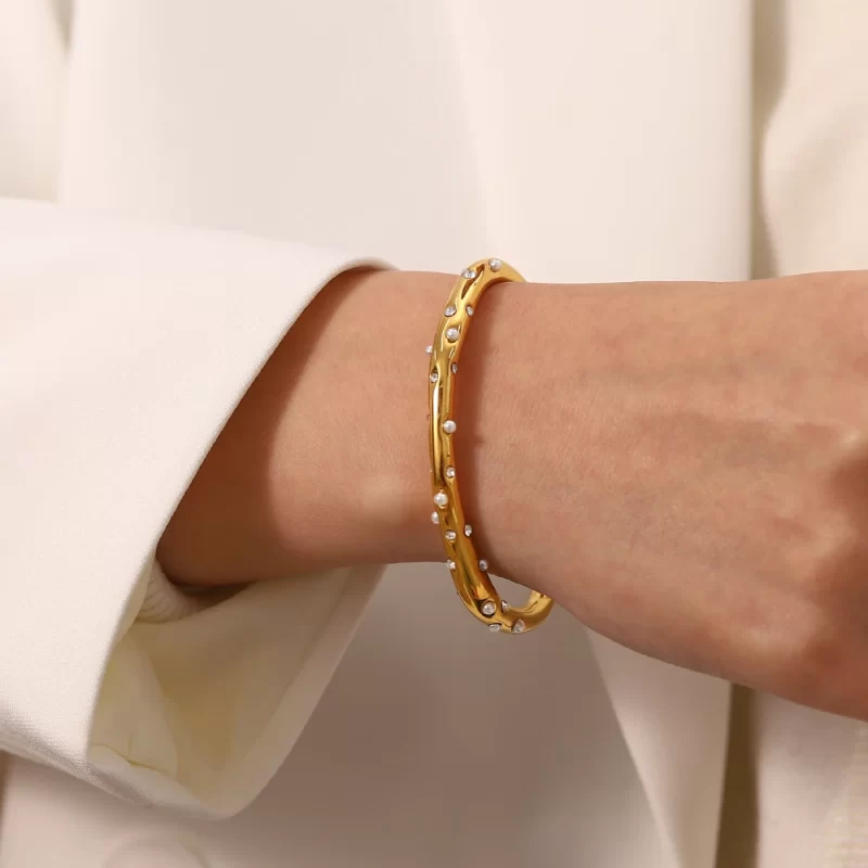 Stainless Steel Pearl Cubic Zirconia Bracelet Geometric Open Cuff Bracelet Minimalist Texture Personalized Jewelry - Image 2