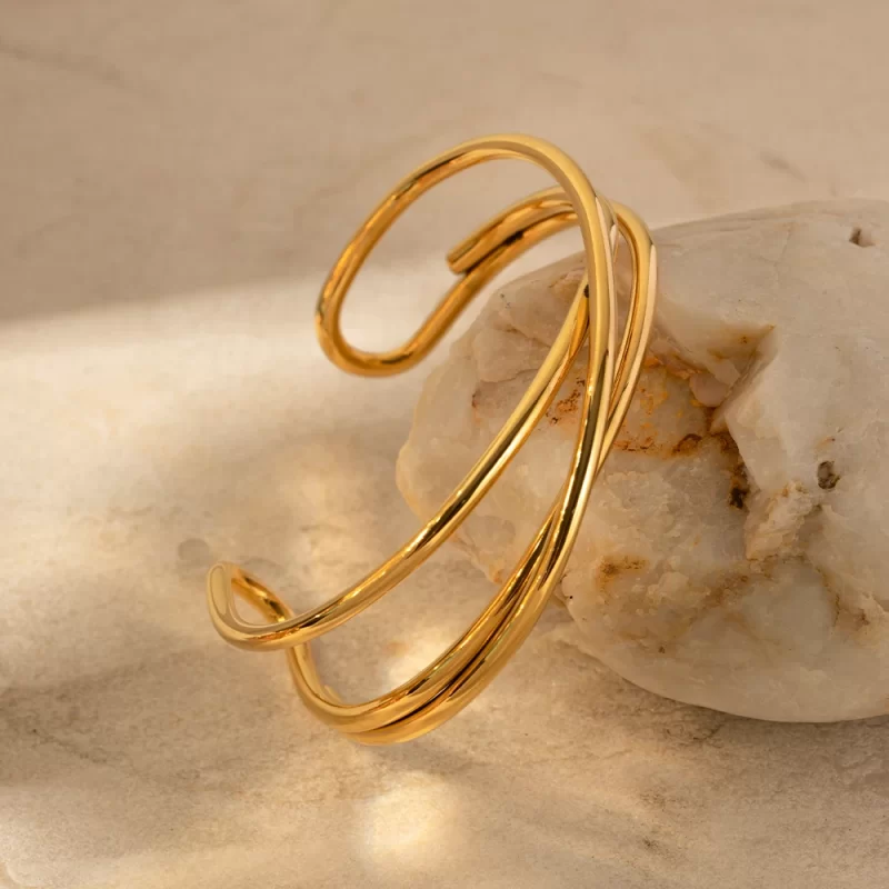 Stainless Steel Metal Line Interlaced Opening Glossy Thin Bracelet 18K Gold Plated Charm Jewelry Gift for Women - Image 5