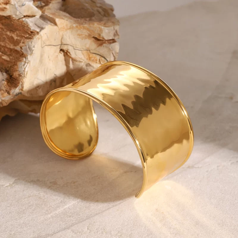 Waterproof Stainless Steel Trendy Wide Hammered Texture Opening Cuff Bracelet 18K Gold Plated Women Daily Jewelry - Image 3