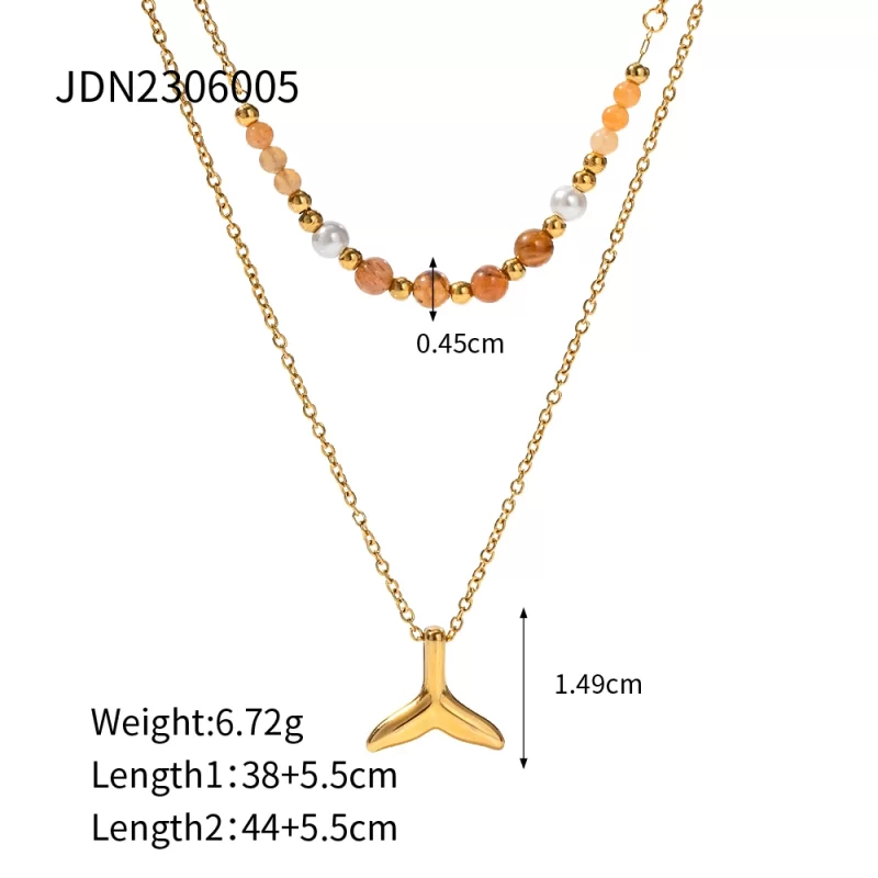 Natural Golden Stone Beaded Pendant Necklace 18K PVD Gold Plated Stainless Steel Double Fishtail Necklace for Women - Image 6