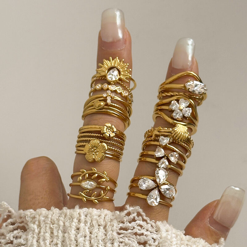 18K Gold Stainless Steel White Diamond Marquise Shaped Diamond and Two-Layer Hollow Braided Stackable Rings Set - Image 9