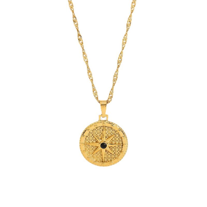 Trendy Titanium Steel Necklace 18K Gold Plating 316l Stainless Steel Round Octagon Signet Black Diamond Necklace