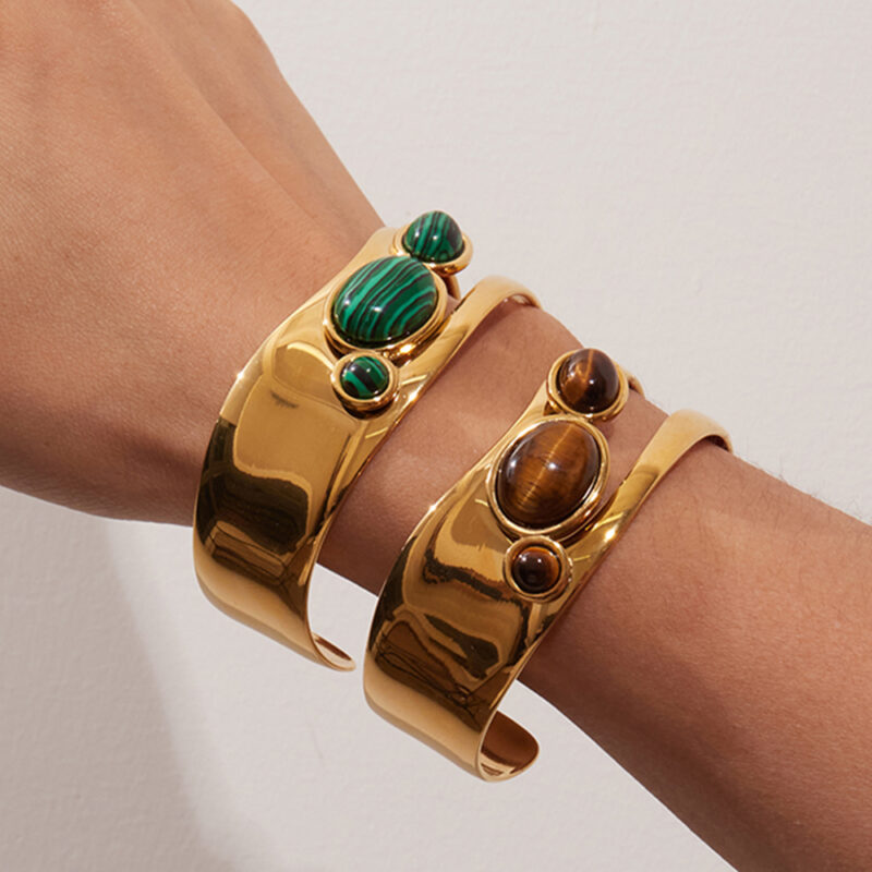 Exaggerated Retro Gold Plated Stainless Steel Natural Stone Imitation Pearl Bracelet Bangle For Women Fashion Jewelry - Image 3