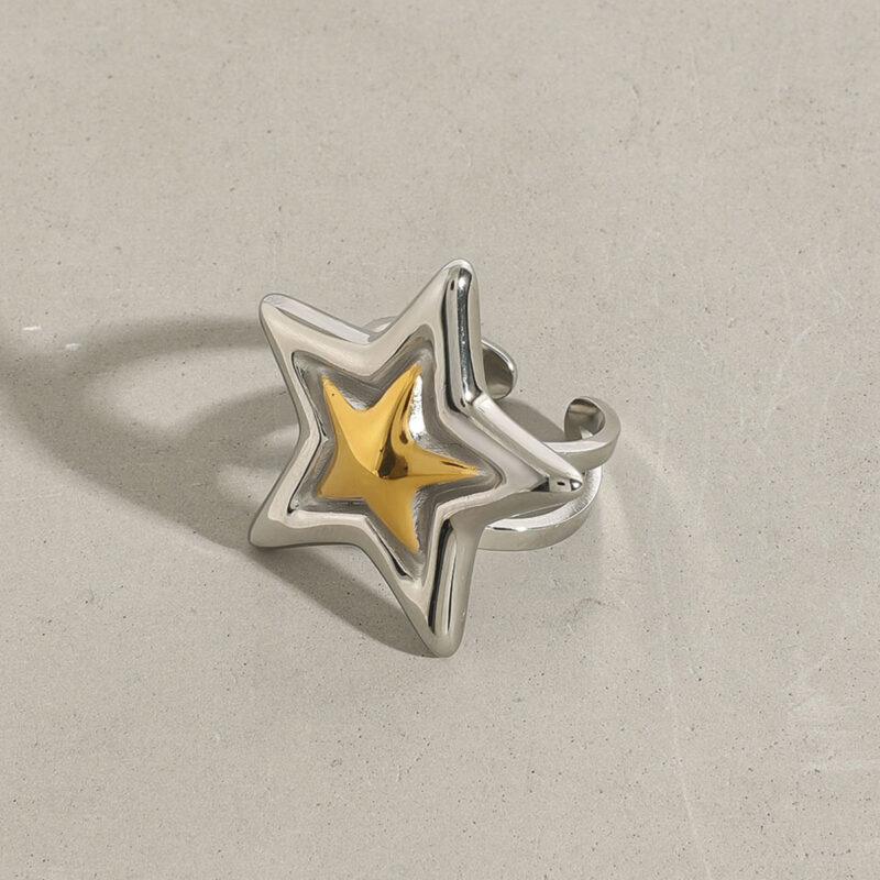 18k gold stainless steel gold and silver color matching smooth star ring - Image 2