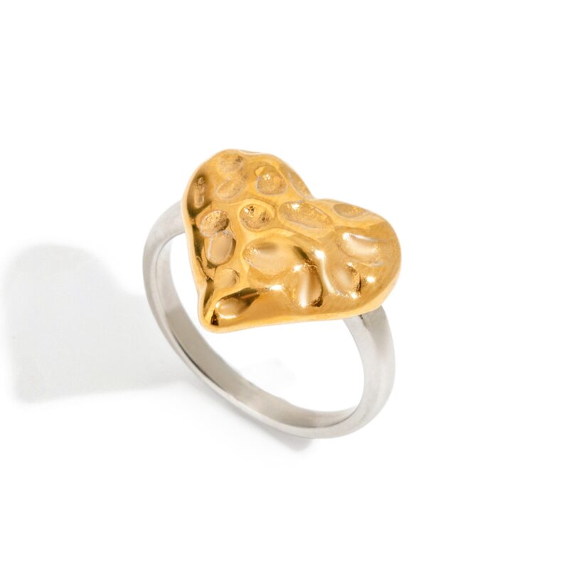 J&D 18k Gold Plated Stainless Steel Tarnish Free Waterproof Classic Hammered Heart Two Toned Rings - Image 2