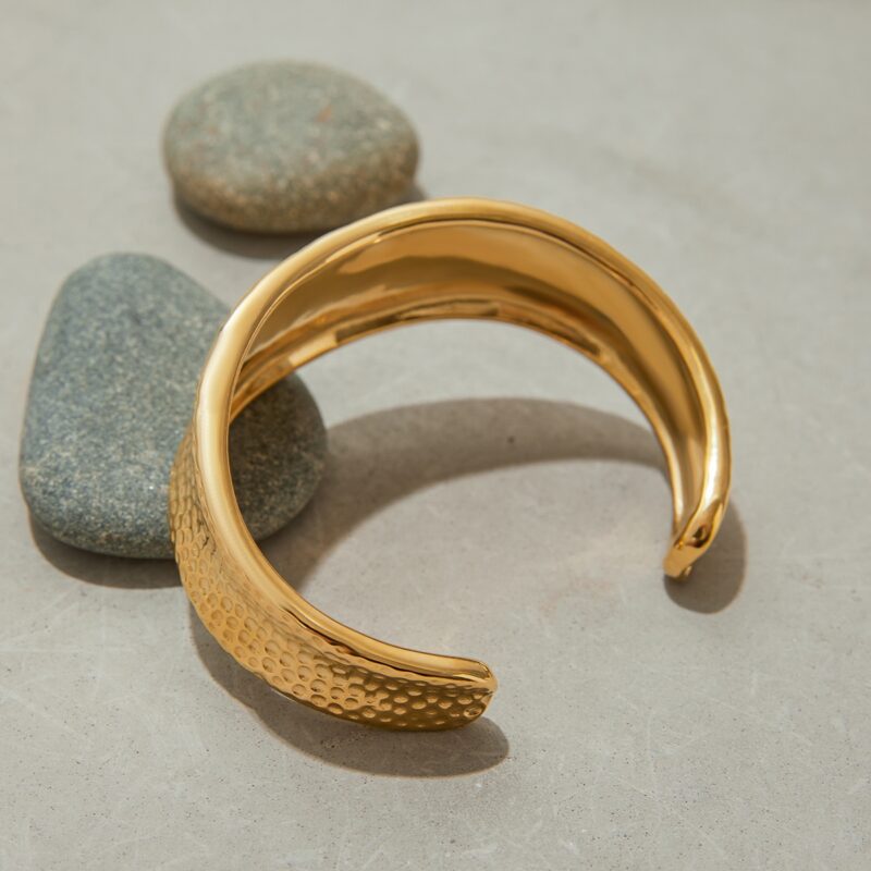 J&D 18K Gold Plate Stainless Steel Cuff High Polished Minimalist Chunky Hammered Open Bangle Bracelet - Image 2