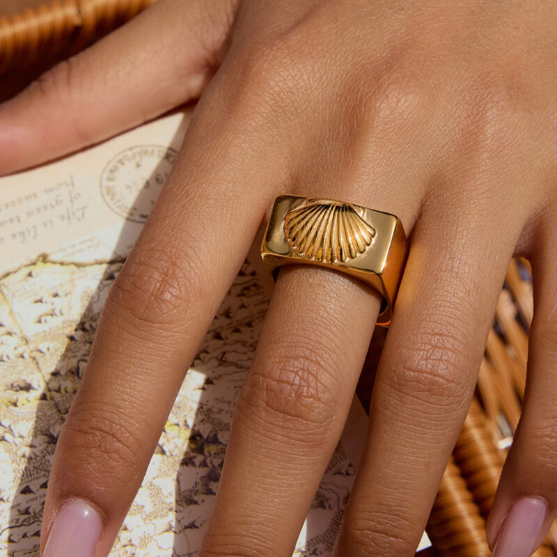 J&D Modern Classic 18K Gold Plated Stainless Steel Square Ring Textured Shell Design Hypoallergenic Stackable Trendy Ring - Image 3