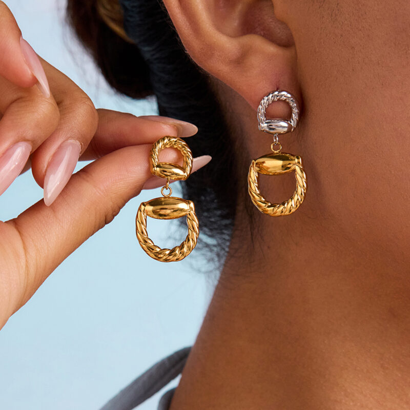 JD Exclusive Women's 18K Gold Stainless Steel Horsebit Drop Earrings Pair - Image 4