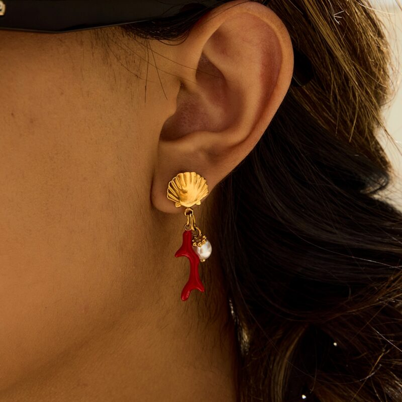 J&D 18K Gold Plated Stainless Steel Red Coral Freshwater Pearl Dangle Earrings Boho Vacation Jewelry Hypoallergenic Beach Gift - Image 4