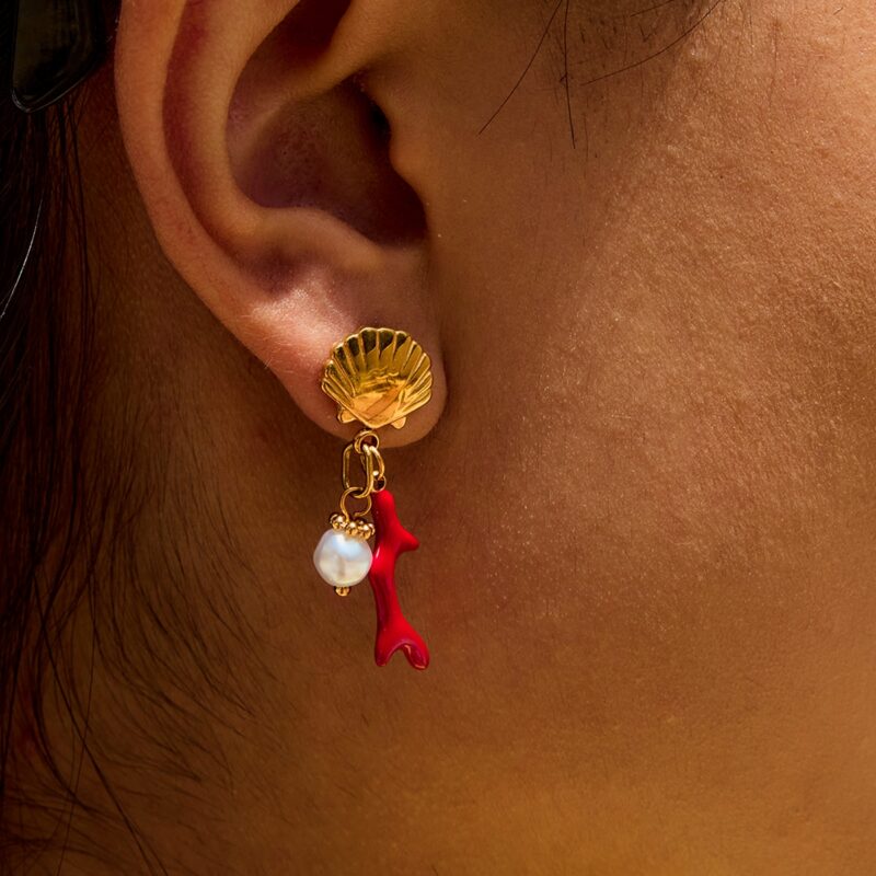 J&D 18K Gold Plated Stainless Steel Red Coral Freshwater Pearl Dangle Earrings Boho Vacation Jewelry Hypoallergenic Beach Gift - Image 3