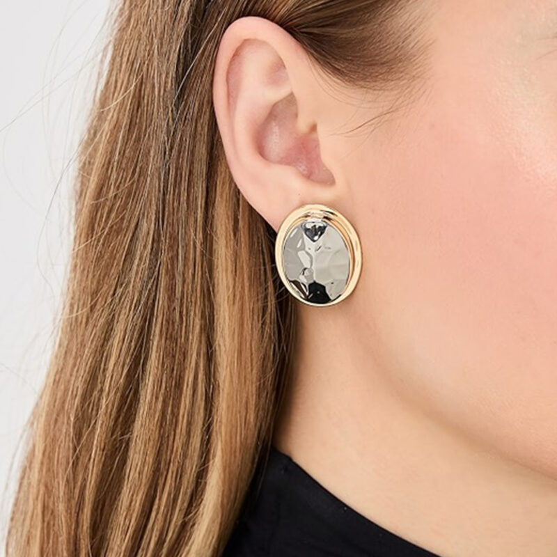 J&D Modern Minimalist 18K Gold Plated Stainless Steel Two Tone Hammered Oval Earrings Shine for Elegant Evening Party - Image 5