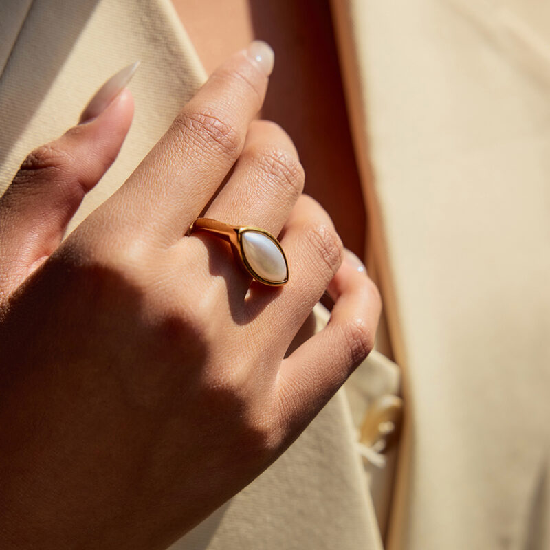 J&D 2025 Trendy 18K Gold Plated Stainless Steel Elegant Oval Ring with Resin Pearl Minimalist Vintage-Inspired Jewelry for Women - Image 3