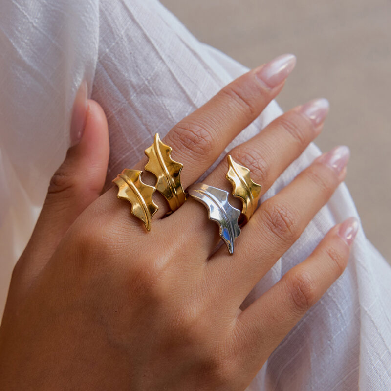18K Gold Stainless Steel Minimalist Leaf Open Ring for Women - Image 3
