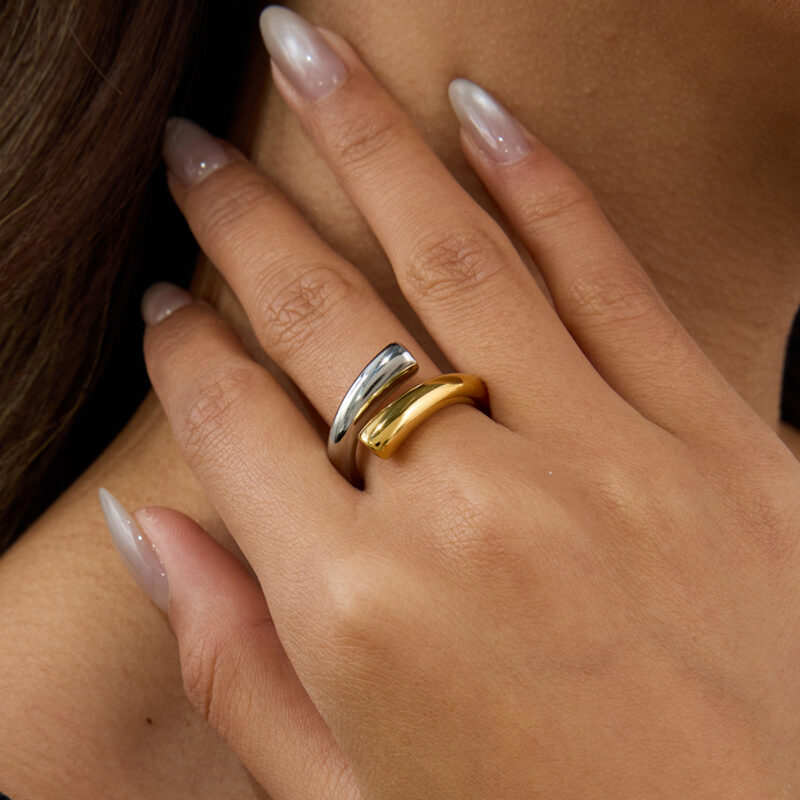 J&D Edgy Sweet Women's 18K Gold Plated Stainless Steel Two Tone Open Ring Stackable Minimalist Jewelry Y2K Dainty Statement Ring - Image 4