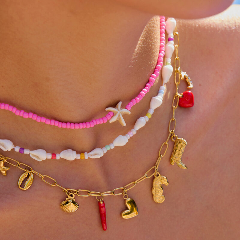 18K Gold Stainless Steel Pink Bead & Synthetic Starfish Necklace - Holiday Style - Image 4
