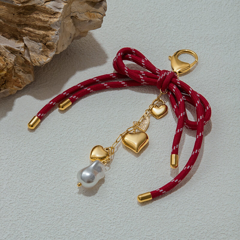 Urban Street Style 18K Gold Red Bow Heart Glass Pearl Bag Charm - Image 2