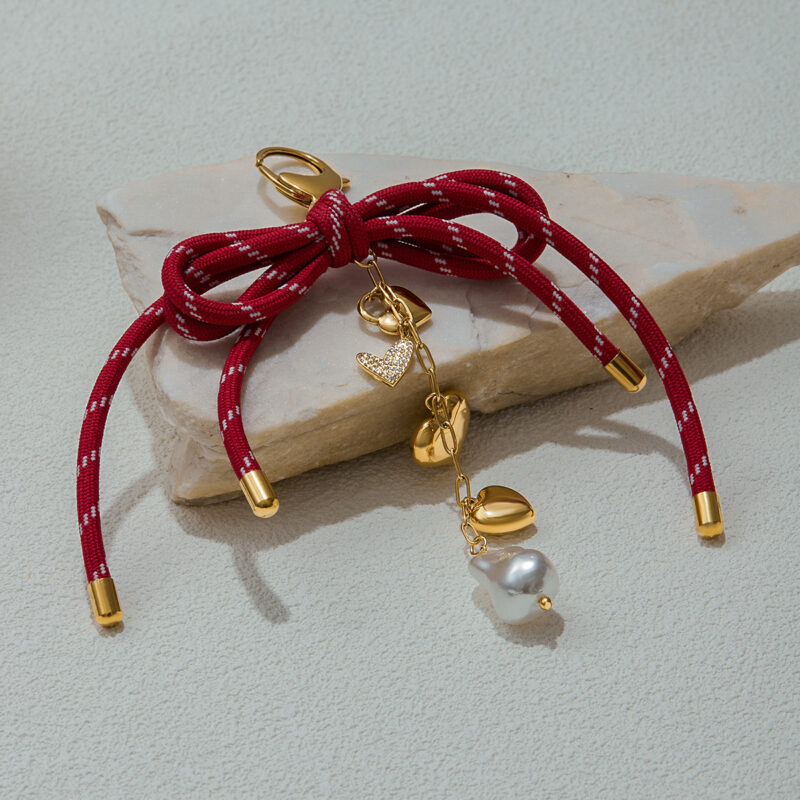 Urban Street Style 18K Gold Red Bow Heart Glass Pearl Bag Charm - Image 4